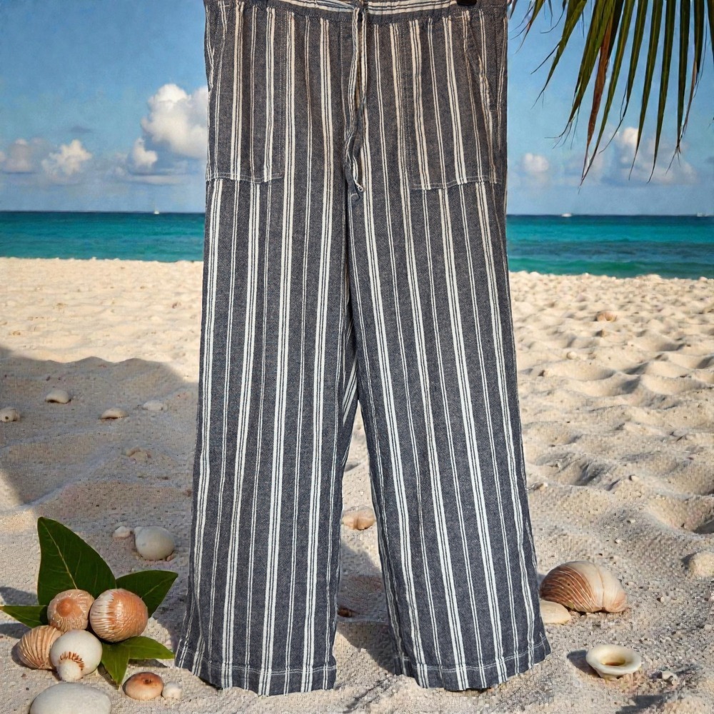 Linen Blend Wide Leg Pants M Blue White Stripes Drawstring Waist Pockets Coastal